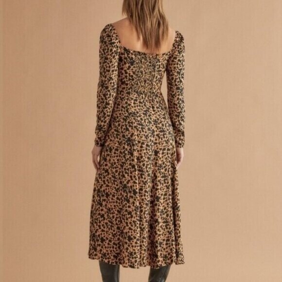 Reformation Sigmund Leopard Midi Dress Square Neck Long Sleeves Brown Size 4 - Picture 5 of 11